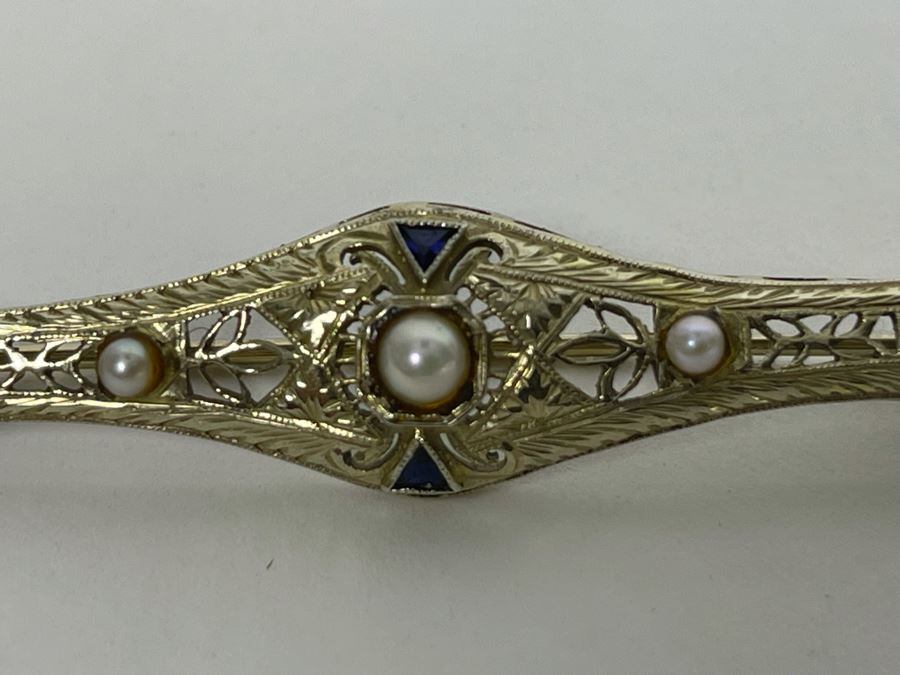 14K Gold Sapphire Pearl Bar Brooch Pin 5.7g Retails $500-$750 [Photo 4]