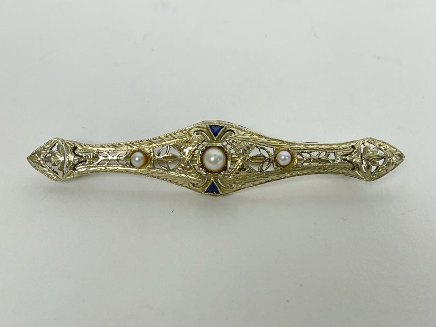 14K Gold Sapphire Pearl Bar Brooch Pin 5.7g Retails $500-$750 [Photo 2]