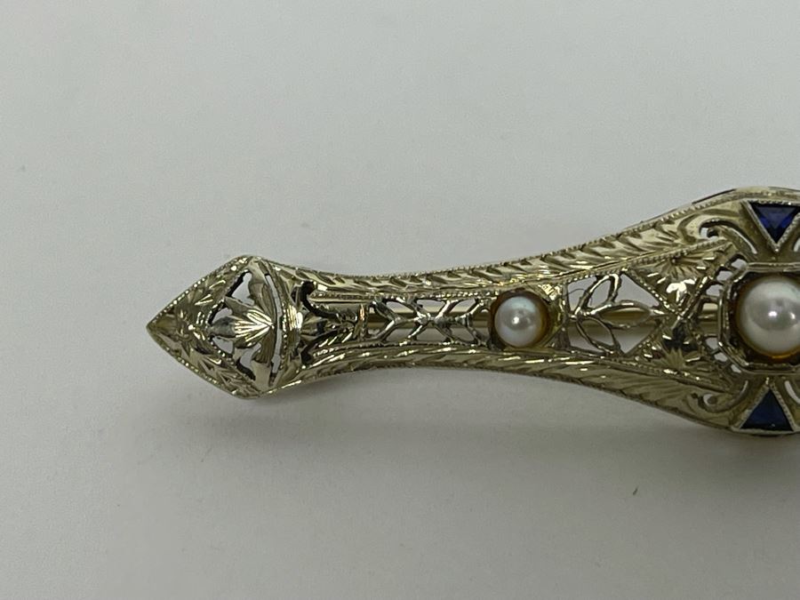14K Gold Sapphire Pearl Bar Brooch Pin 5.7g Retails $500-$750 [Photo 5]