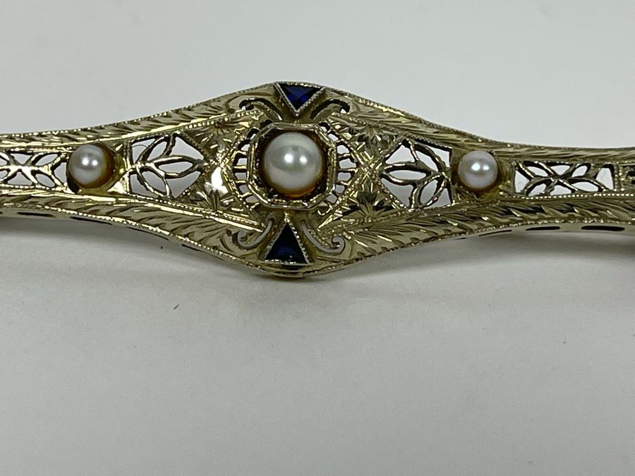 14K Gold Sapphire Pearl Bar Brooch Pin 5.7g Retails $500-$750 [Photo 7]