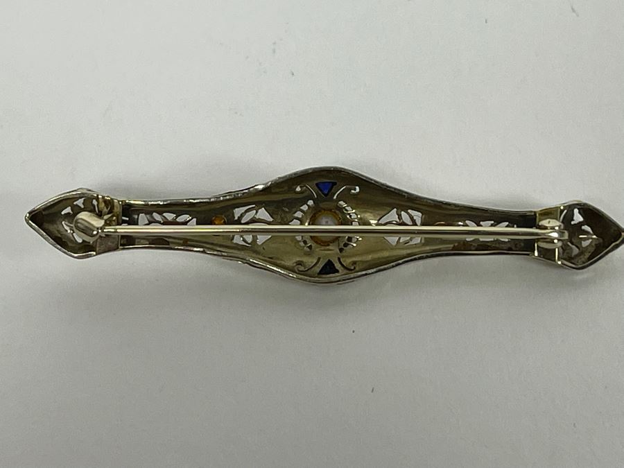 14K Gold Sapphire Pearl Bar Brooch Pin 5.7g Retails $500-$750 [Photo 8]