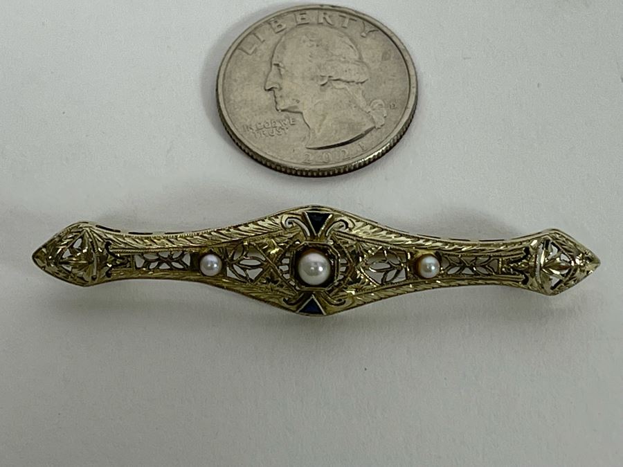 14K Gold Sapphire Pearl Bar Brooch Pin 5.7g Retails $500-$750 [Photo 9]