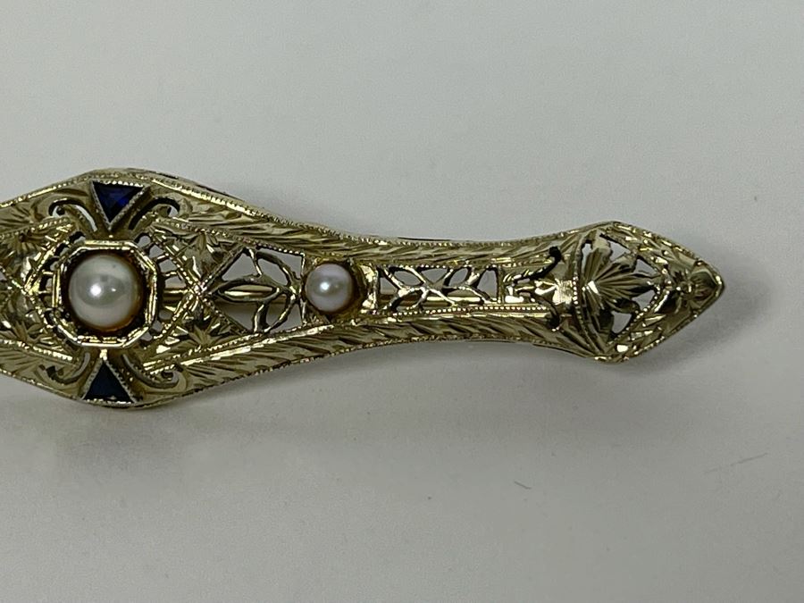 14K Gold Sapphire Pearl Bar Brooch Pin 5.7g Retails $500-$750 [Photo 6]