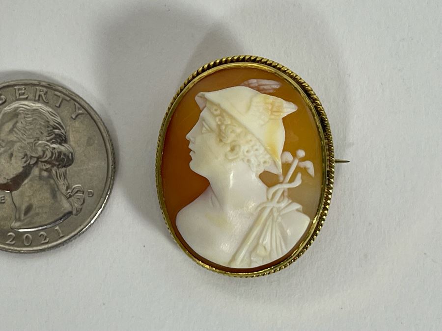 14K Gold Shell Cameo Brooch Rare Hermes Carving 7.5g Retails $300-$450 [Photo 6]