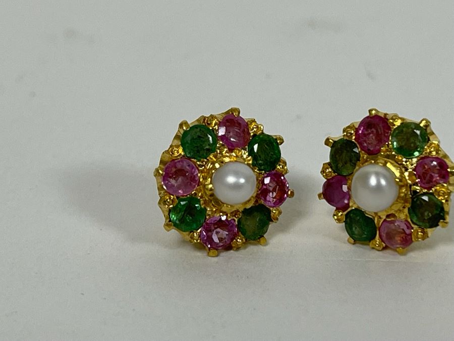 18K Gold Emerald, Pink Sapphire, Pearl Earrings 4.8g Retails $700-$1,050 [Photo 9]