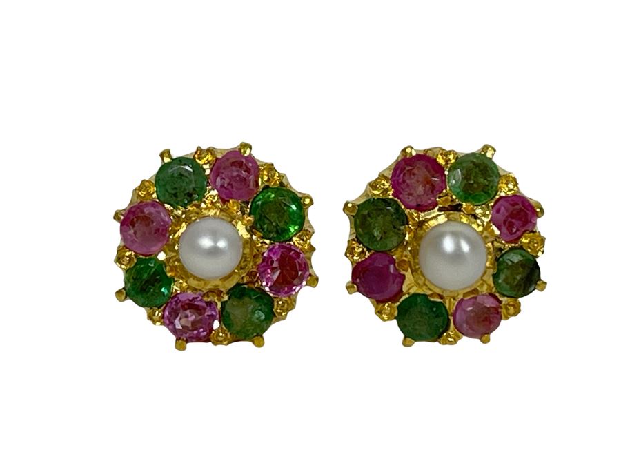 18K Gold Emerald, Pink Sapphire, Pearl Earrings 4.8g Retails $700-$1,050 [Photo 2]