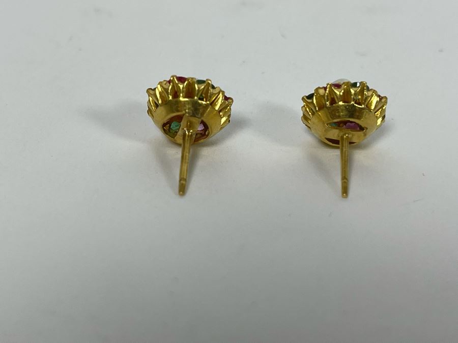 18K Gold Emerald, Pink Sapphire, Pearl Earrings 4.8g Retails $700-$1,050 [Photo 10]