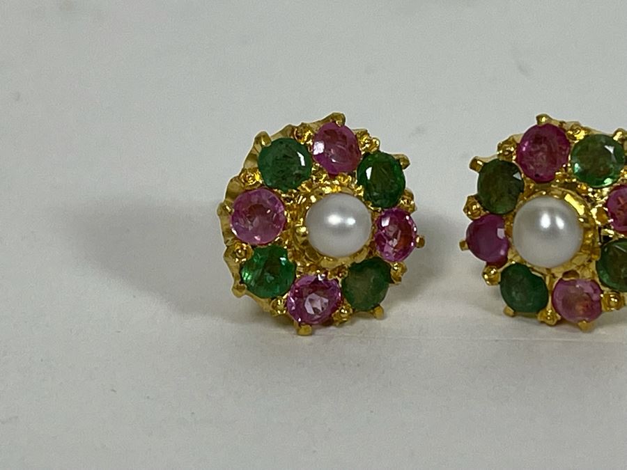18K Gold Emerald, Pink Sapphire, Pearl Earrings 4.8g Retails $700-$1,050 [Photo 8]