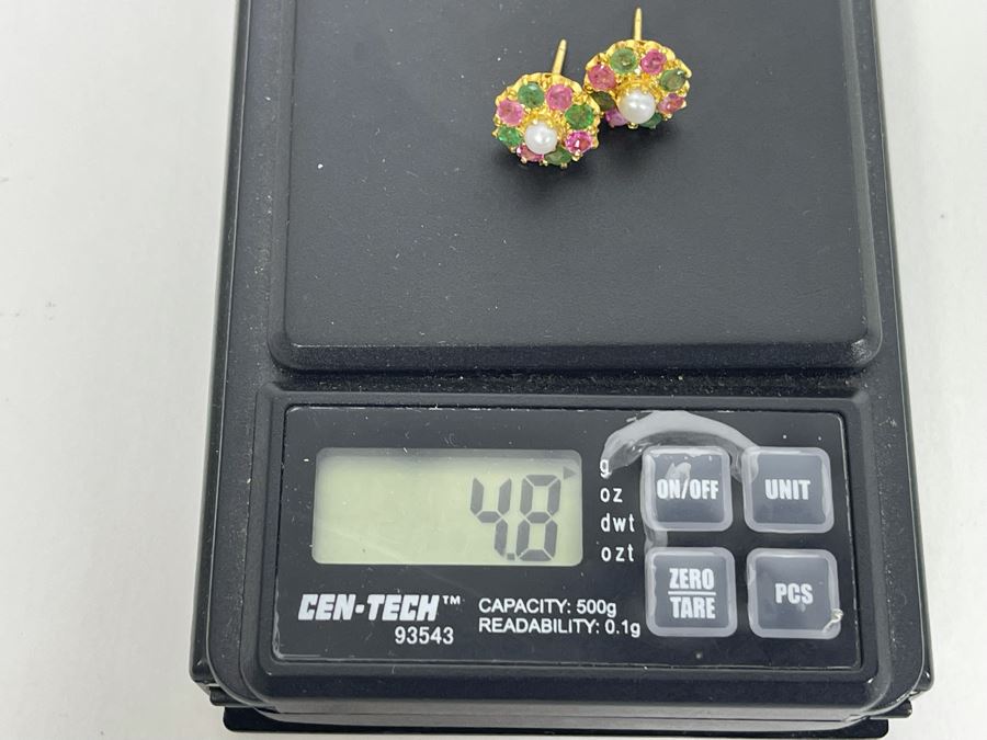 18K Gold Emerald, Pink Sapphire, Pearl Earrings 4.8g Retails $700-$1,050 [Photo 11]
