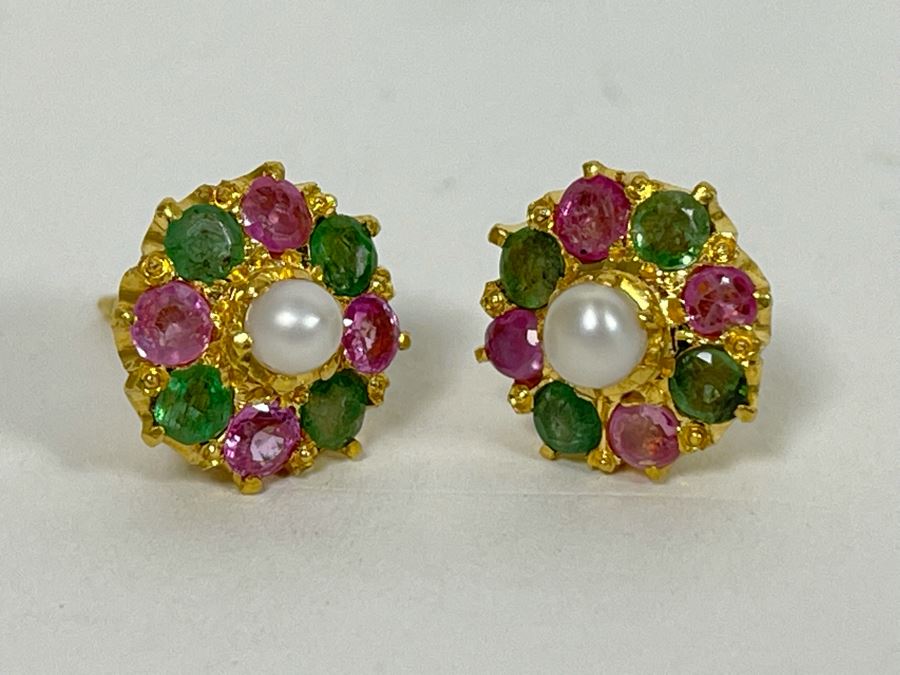 18K Gold Emerald, Pink Sapphire, Pearl Earrings 4.8g Retails $700-$1,050 [Photo 6]