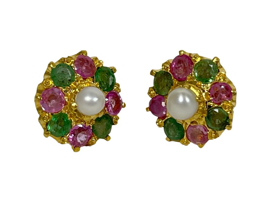 18K Gold Emerald, Pink Sapphire, Pearl Earrings 4.8g Retails $700-$1,050 [Photo 1]