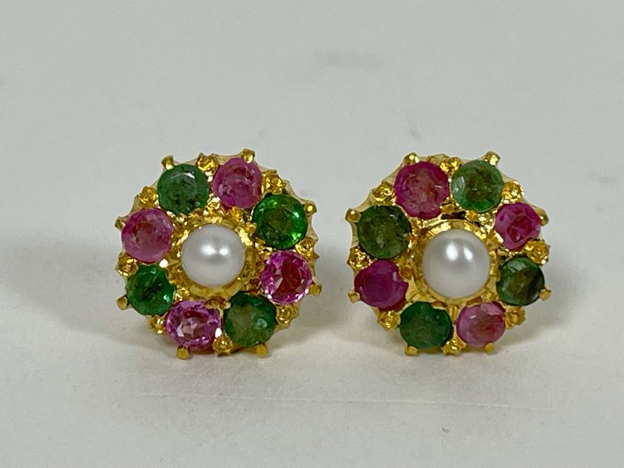 18K Gold Emerald, Pink Sapphire, Pearl Earrings 4.8g Retails $700-$1,050 [Photo 3]