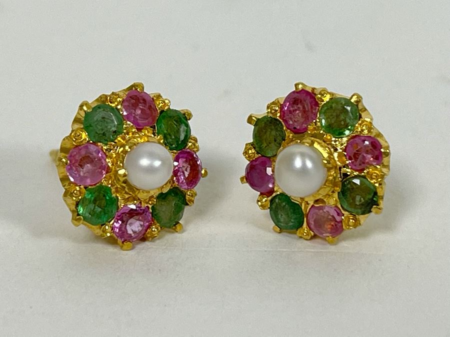 18K Gold Emerald, Pink Sapphire, Pearl Earrings 4.8g Retails $700-$1,050 [Photo 5]