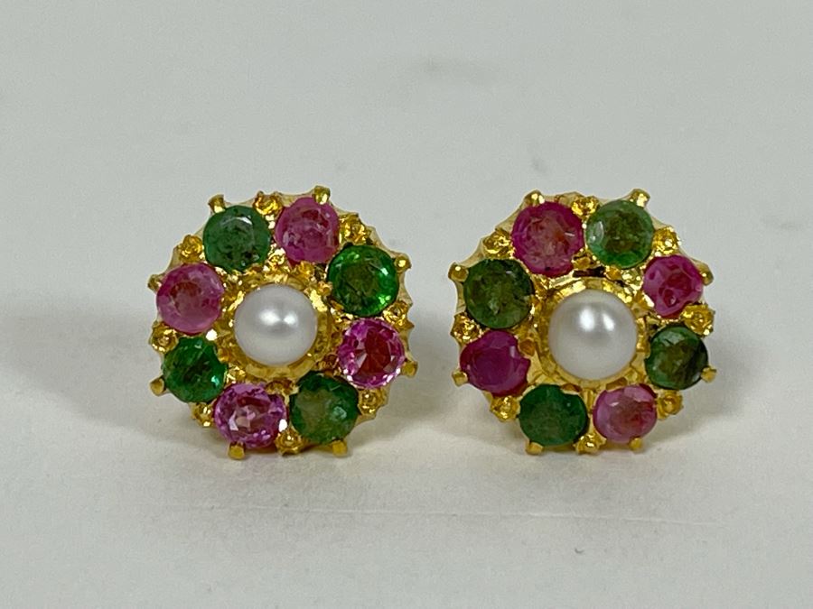 18K Gold Emerald, Pink Sapphire, Pearl Earrings 4.8g Retails $700-$1,050 [Photo 4]
