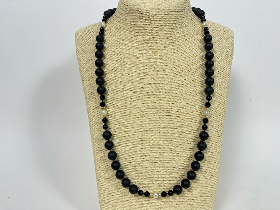 14K Onyx Pearl Bead Strand 26' Necklace [Photo 2]