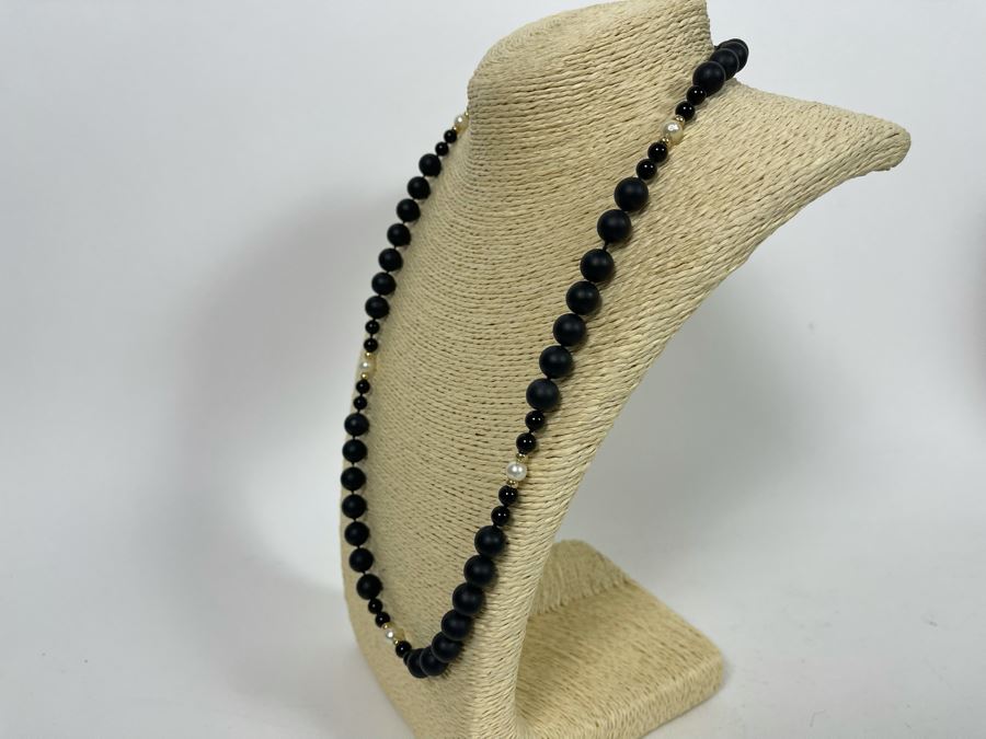 14K Onyx Pearl Bead Strand 26' Necklace [Photo 4]