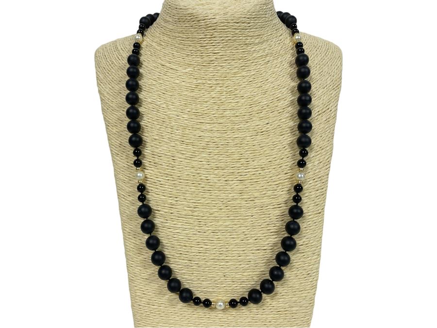 14K Onyx Pearl Bead Strand 26' Necklace [Photo 1]