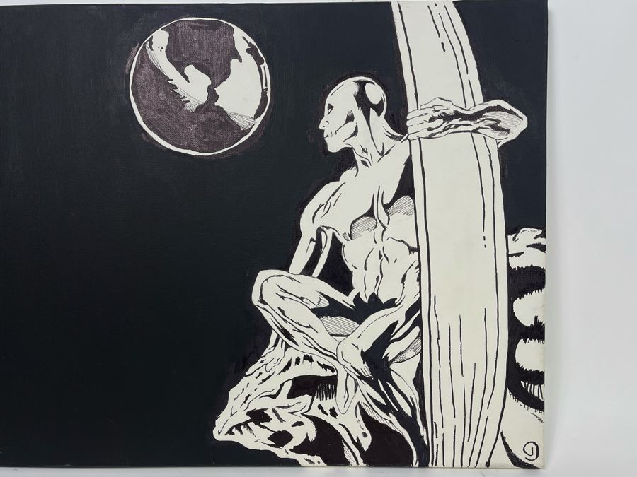 Original Philip Pane B&W Silver Surfer Painting On Canvas 24 X 18 [Photo 4]