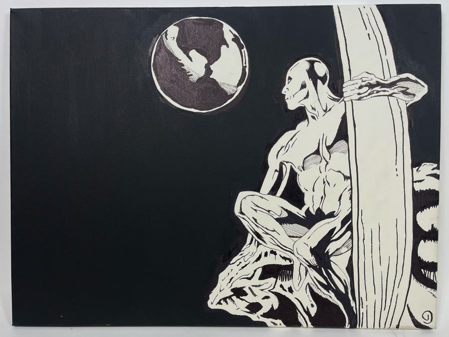 Original Philip Pane B&W Silver Surfer Painting On Canvas 24 X 18 [Photo 3]