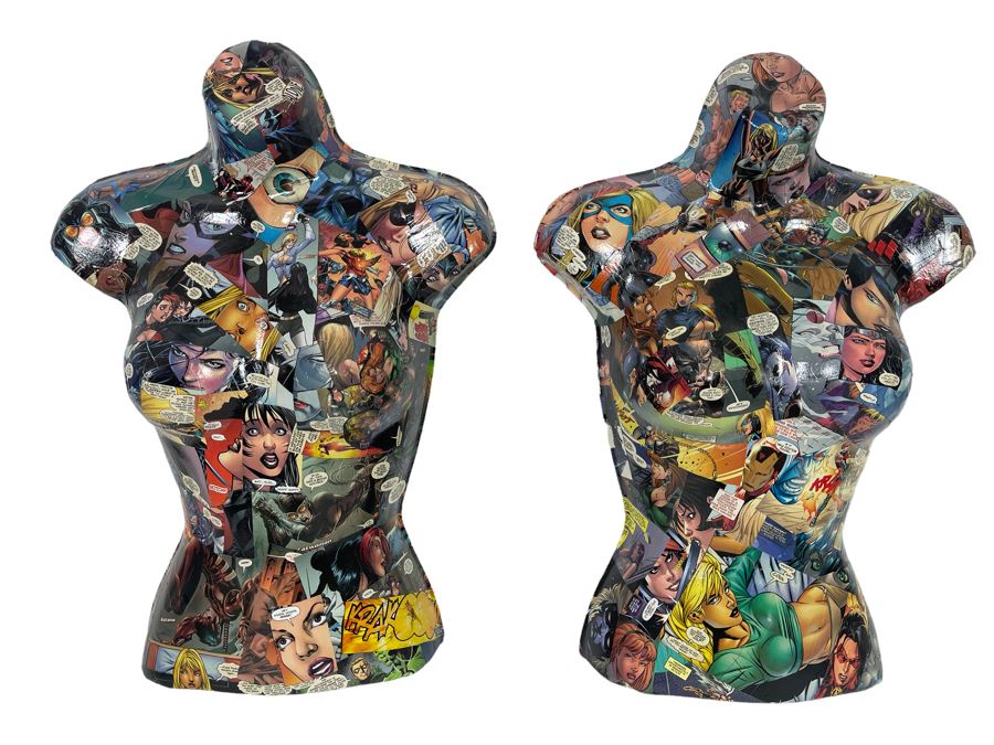 Pair Of Original 3-D Mannequin Comic Book Collages By Philip Pane One Signed On Back 16W X 22.5H