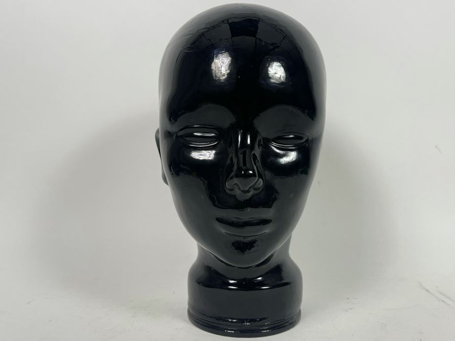 Pair Of Vintage Black Glass Mannequin Heads 6.5W X 8D X 11.5H