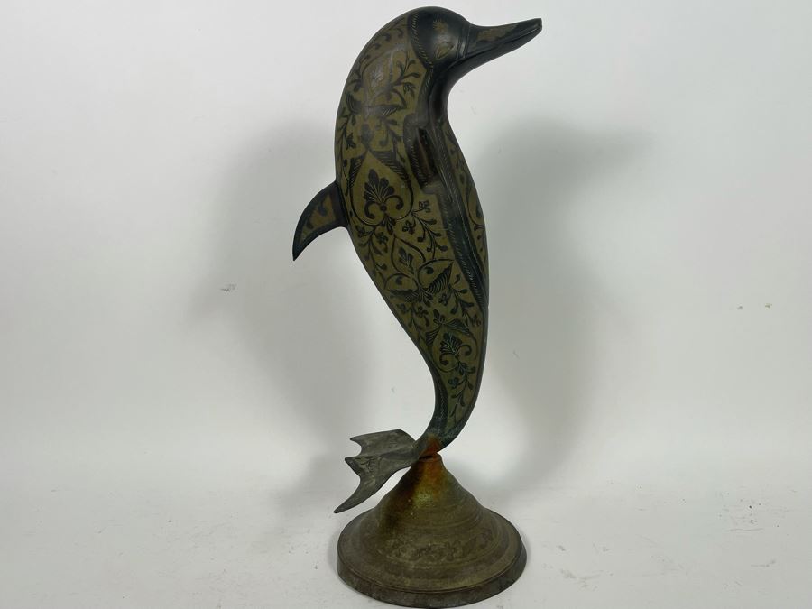 Vintage Etched Brass Dolphin Sculpture 7.5W X 10D X 21H [Photo 8]