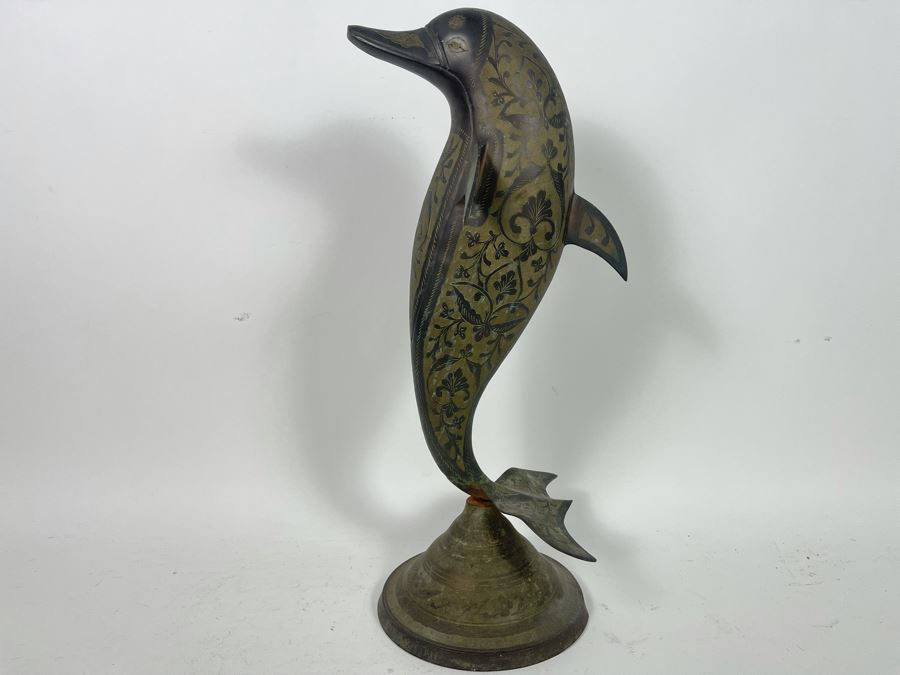 Vintage Etched Brass Dolphin Sculpture 7.5W X 10D X 21H [Photo 2]
