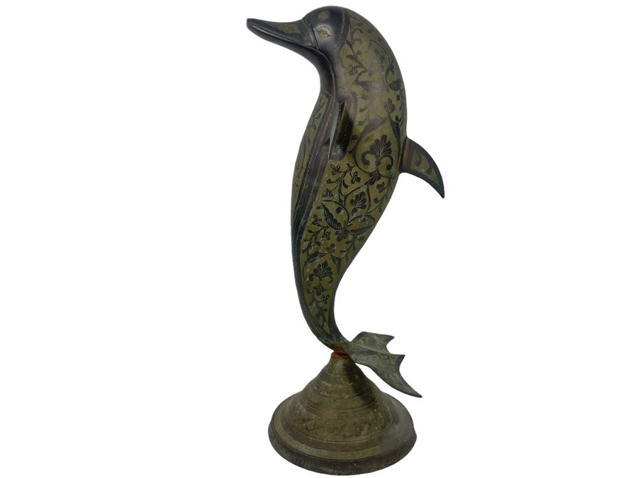 Vintage Etched Brass Dolphin Sculpture 7.5W X 10D X 21H [Photo 1]