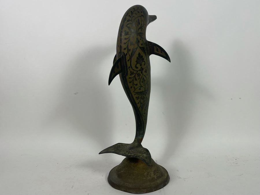 Vintage Etched Brass Dolphin Sculpture 7.5W X 10D X 21H [Photo 9]