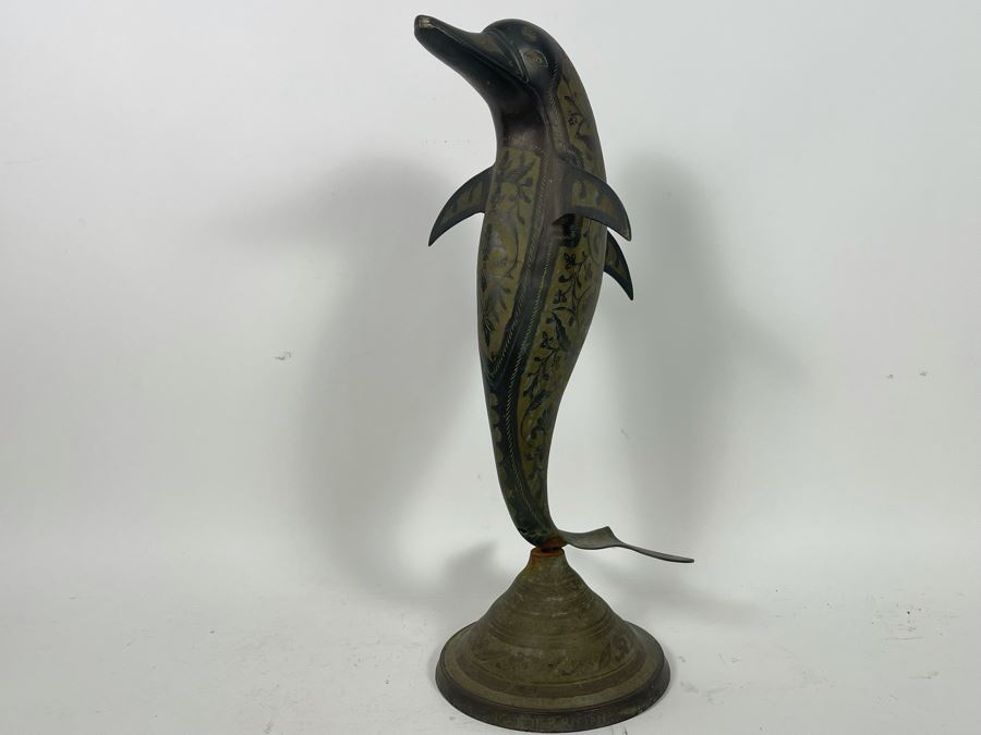 Vintage Etched Brass Dolphin Sculpture 7.5W X 10D X 21H [Photo 7]