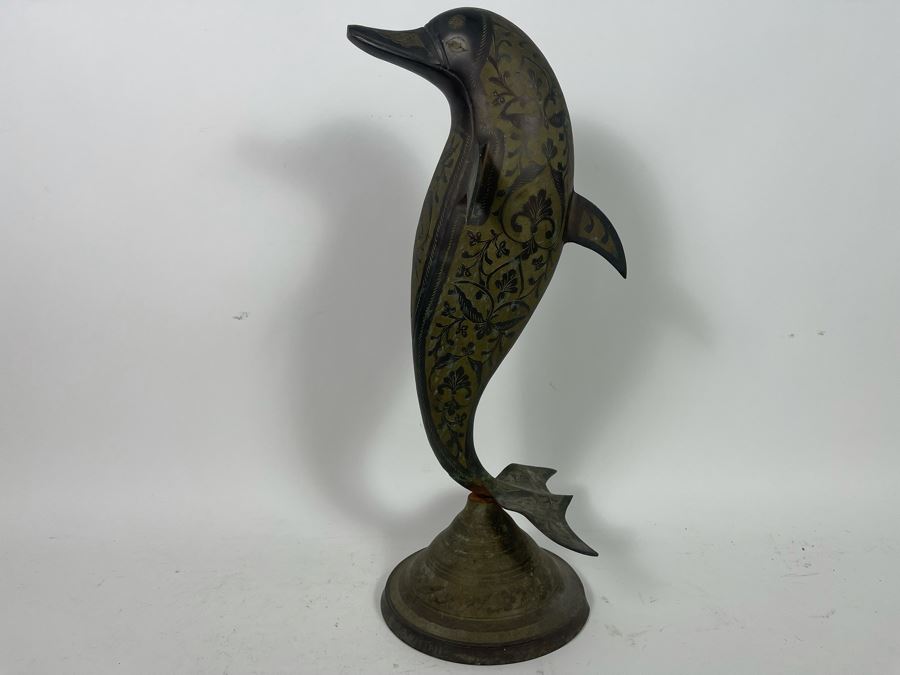Vintage Etched Brass Dolphin Sculpture 7.5W X 10D X 21H [Photo 3]