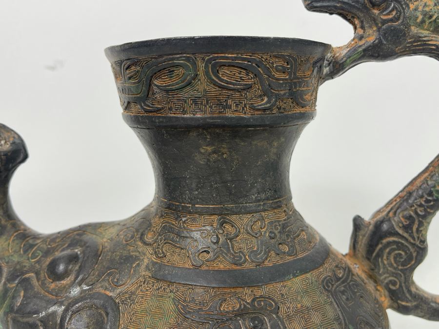 Vintage Asian Etched Bronze Teapot Vessel With Handle 10W X 12H [Photo 6]