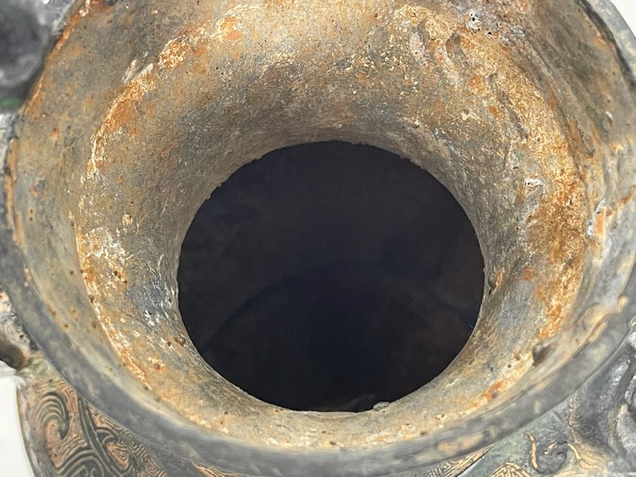 Vintage Asian Etched Bronze Teapot Vessel With Handle 10W X 12H [Photo 12]