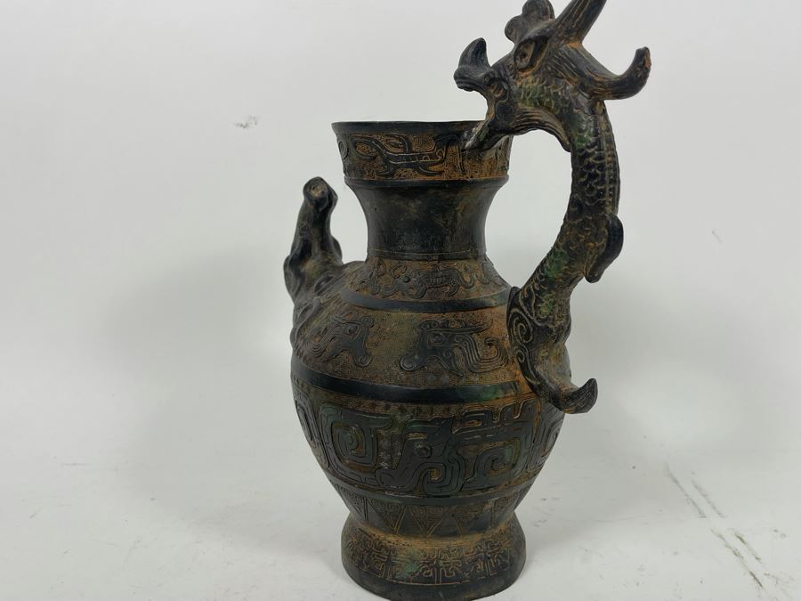 Vintage Asian Etched Bronze Teapot Vessel With Handle 10W X 12H [Photo 9]