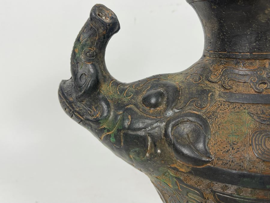 Vintage Asian Etched Bronze Teapot Vessel With Handle 10W X 12H [Photo 4]