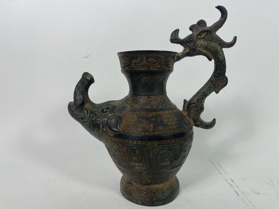 Vintage Asian Etched Bronze Teapot Vessel With Handle 10W X 12H [Photo 3]