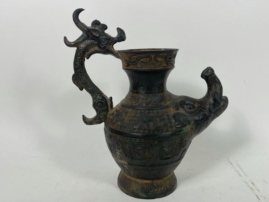 Vintage Asian Etched Bronze Teapot Vessel With Handle 10W X 12H [Photo 10]