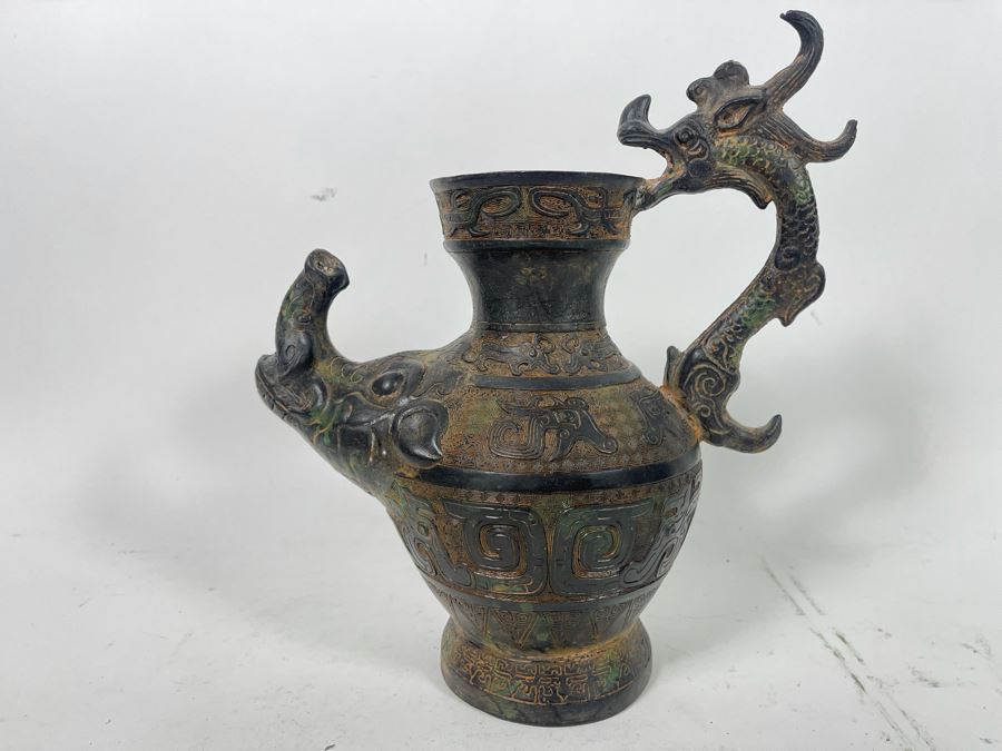 Vintage Asian Etched Bronze Teapot Vessel With Handle 10W X 12H [Photo 2]