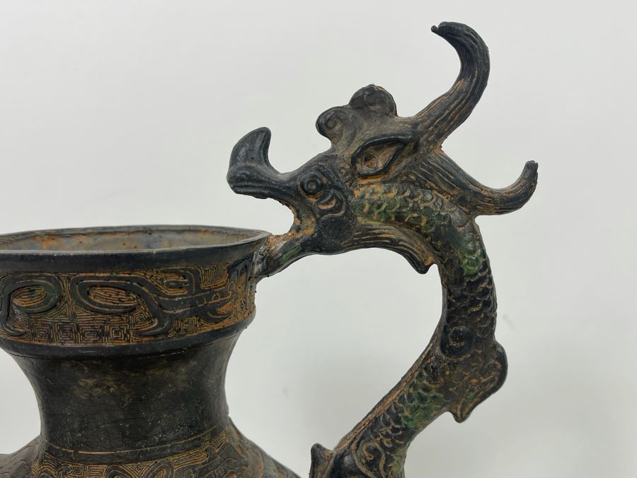 Vintage Asian Etched Bronze Teapot Vessel With Handle 10W X 12H [Photo 5]