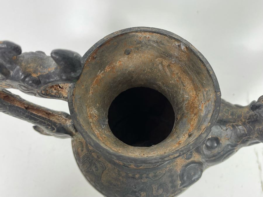 Vintage Asian Etched Bronze Teapot Vessel With Handle 10W X 12H [Photo 11]