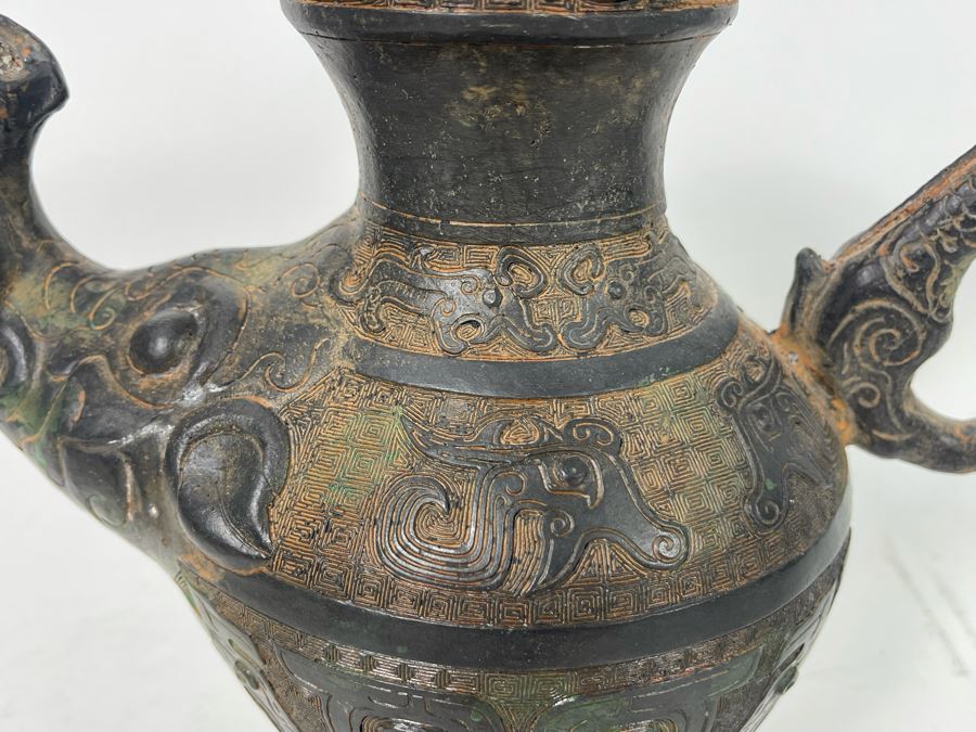 Vintage Asian Etched Bronze Teapot Vessel With Handle 10W X 12H [Photo 7]