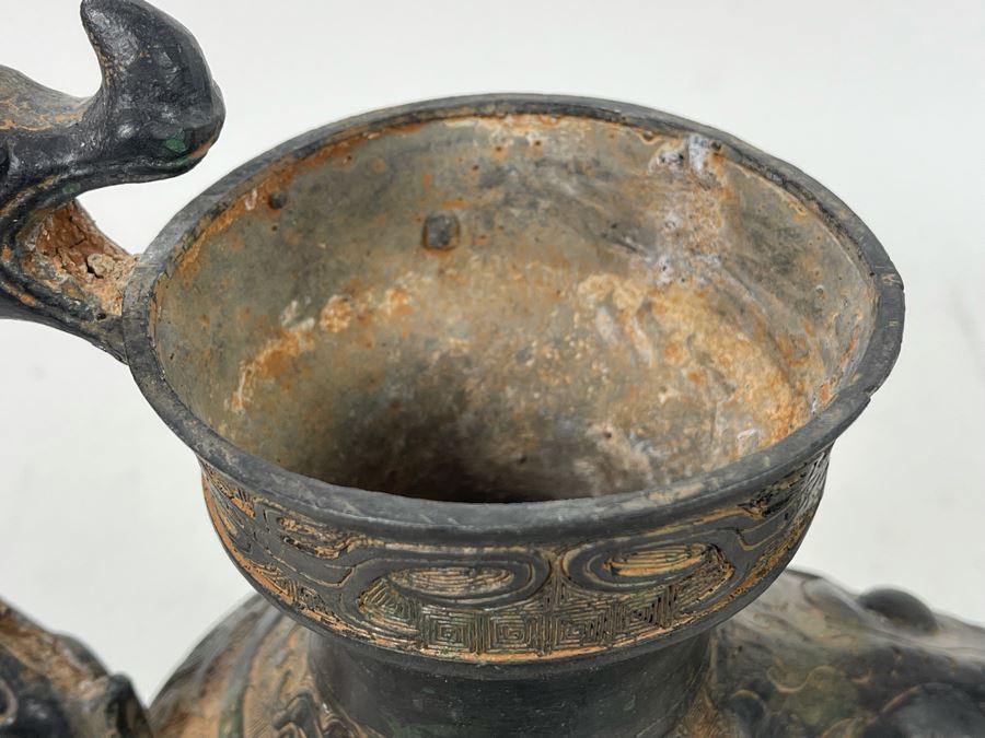 Vintage Asian Etched Bronze Teapot Vessel With Handle 10W X 12H [Photo 14]