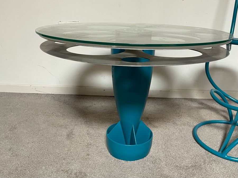 One-Of-A-Kind Artisan Made Table Constructed From An Old Bomb Casing And Early Hollywood Movie Film Reel 25R X 19H With Custom Bent Metal Chair [Photo 4]