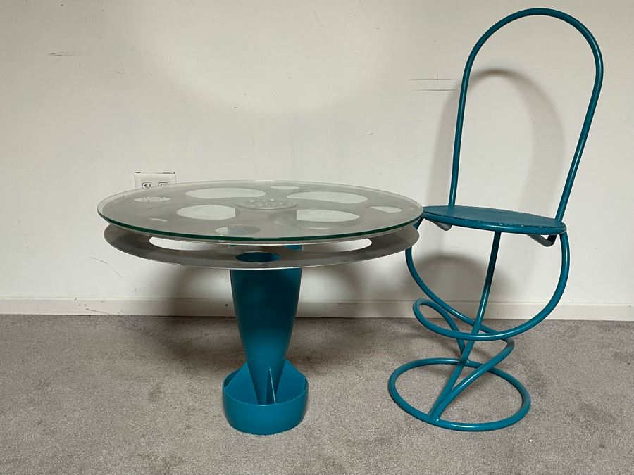 One-Of-A-Kind Artisan Made Table Constructed From An Old Bomb Casing And Early Hollywood Movie Film Reel 25R X 19H With Custom Bent Metal Chair [Photo 3]