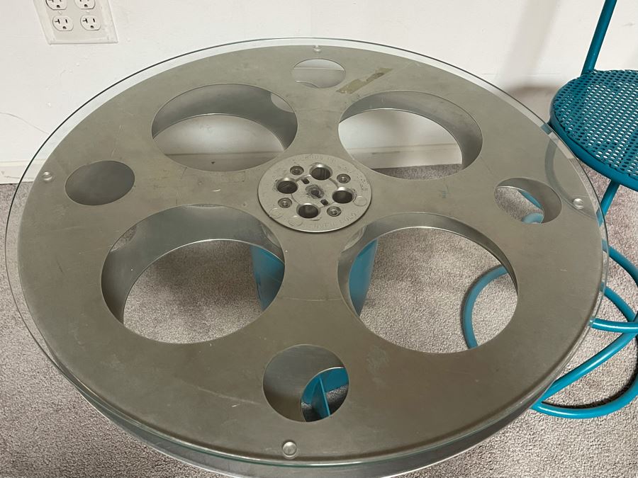 One-Of-A-Kind Artisan Made Table Constructed From An Old Bomb Casing And Early Hollywood Movie Film Reel 25R X 19H With Custom Bent Metal Chair [Photo 6]