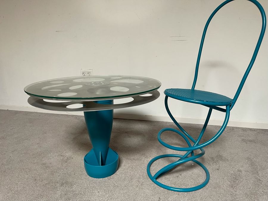 One-Of-A-Kind Artisan Made Table Constructed From An Old Bomb Casing And Early Hollywood Movie Film Reel 25R X 19H With Custom Bent Metal Chair [Photo 13]