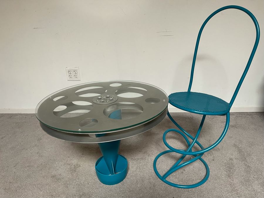 One-Of-A-Kind Artisan Made Table Constructed From An Old Bomb Casing And Early Hollywood Movie Film Reel 25R X 19H With Custom Bent Metal Chair [Photo 12]