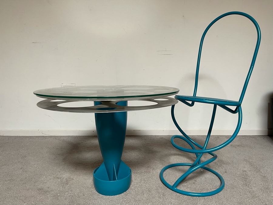 One-Of-A-Kind Artisan Made Table Constructed From An Old Bomb Casing And Early Hollywood Movie Film Reel 25R X 19H With Custom Bent Metal Chair [Photo 14]