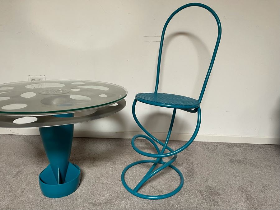 One-Of-A-Kind Artisan Made Table Constructed From An Old Bomb Casing And Early Hollywood Movie Film Reel 25R X 19H With Custom Bent Metal Chair [Photo 9]