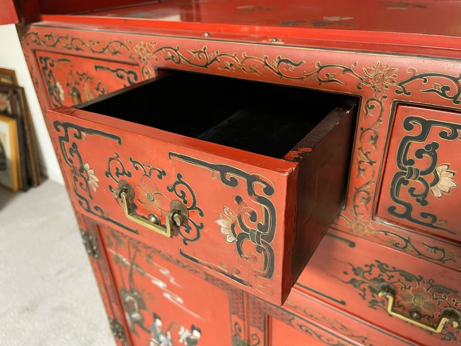 Vintage Chinese Red Lacquer Hand-Painted Cabinet 34.5W X 18D X 70H [Photo 15]